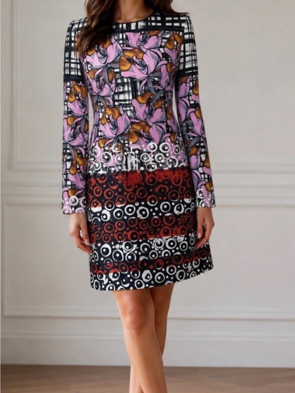 Clover Canyon Pink, Black and Brown Mixed-Pattern Long-Sleeve Shift Dress